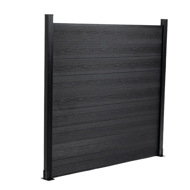 Angled view of a black composite fence panel with horizontal boards and side posts