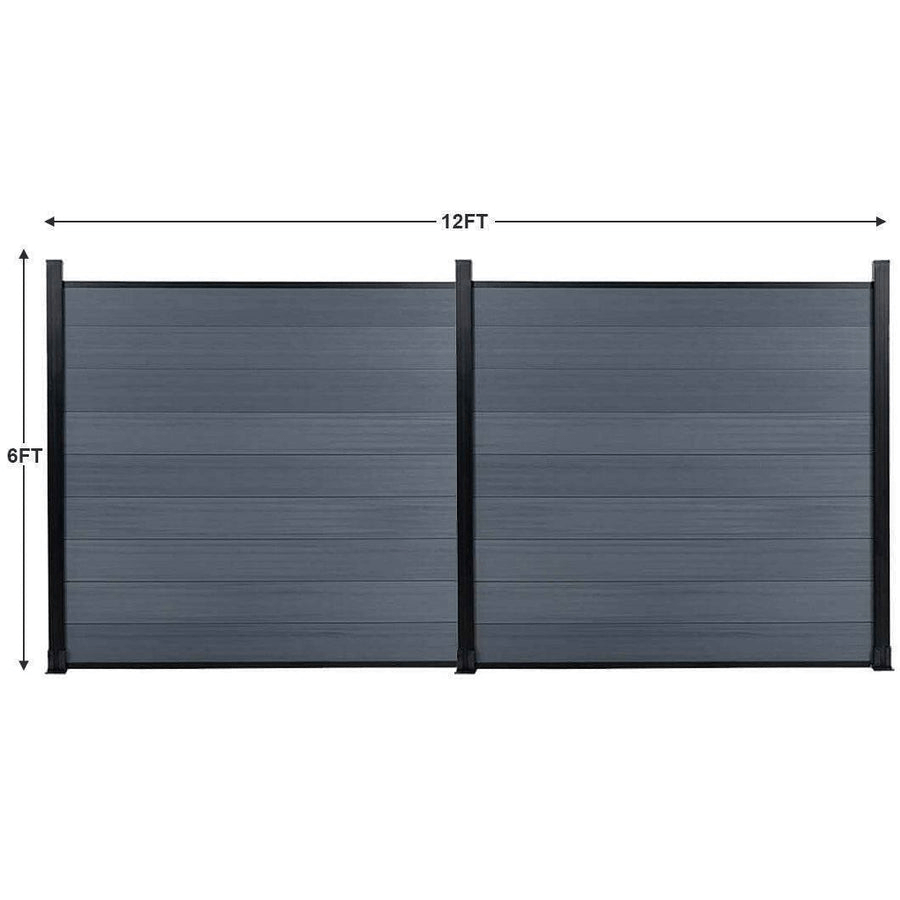 Two light gray composite fence sections with black posts, measuring 12 feet wide by 6 feet high