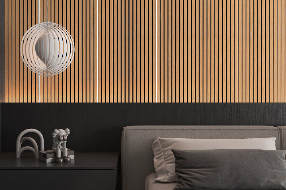 Warm vertical LED light strips accenting wood-look acoustic wall panels above a bedroom headboard