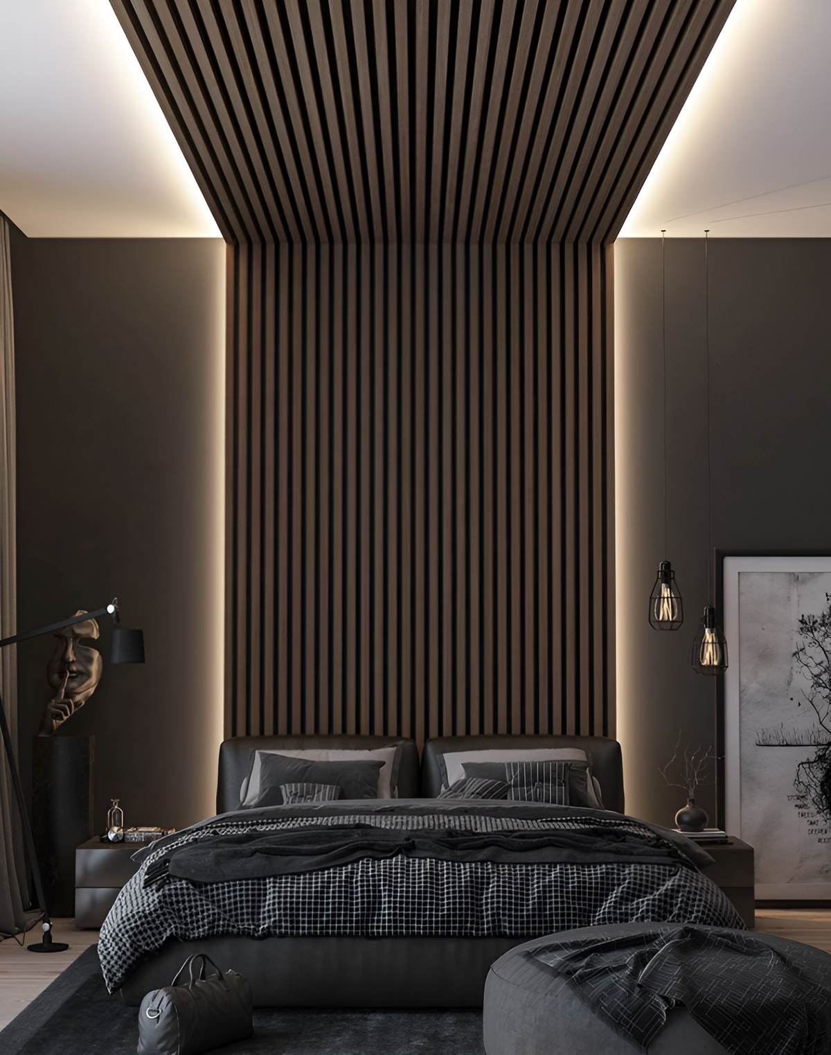 Warm LED light strips outlining wood-look acoustic wall and ceiling panels above a modern bed