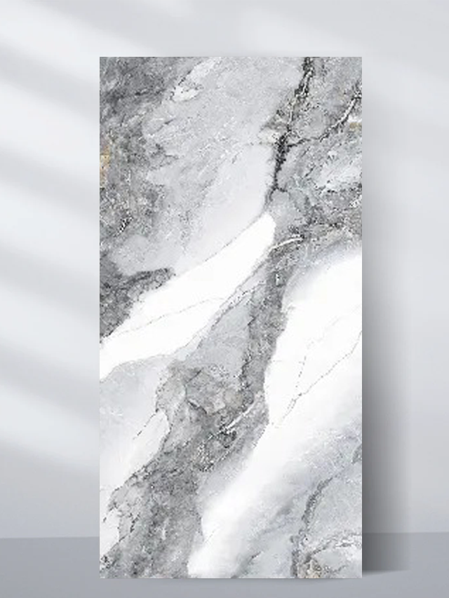 White and gray PVC marble sheet sample with broad flowing veins