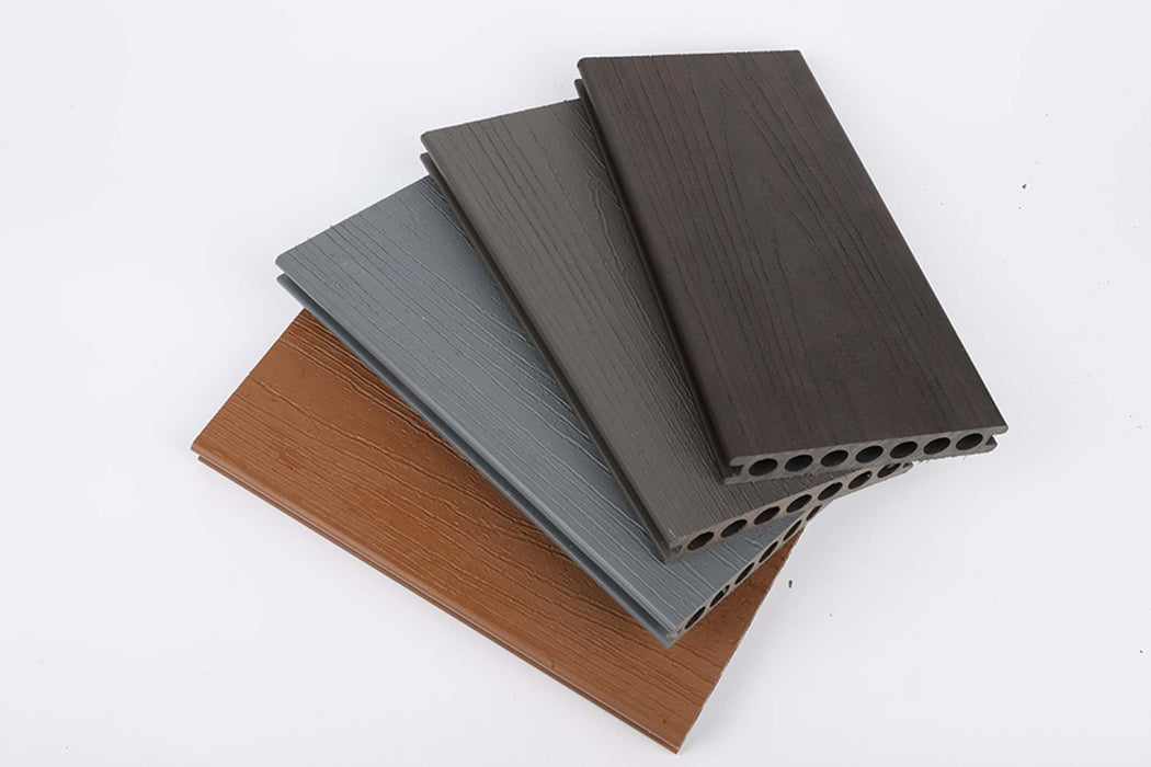 Silver-gray composite decking board with wood grain texture