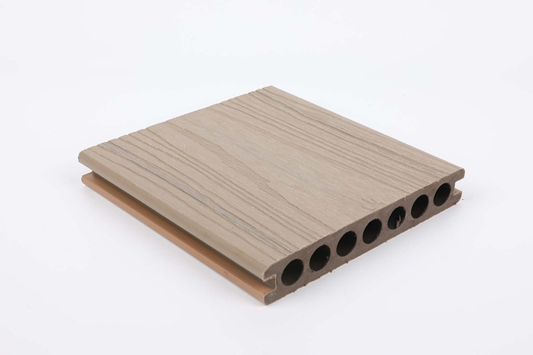 Light brown composite decking board with wood grain texture