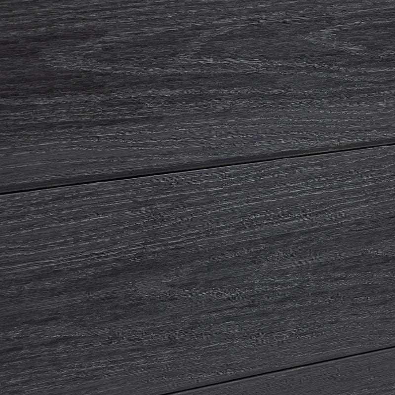 Detailed view of black composite fence boards with fine linear wood-grain texture