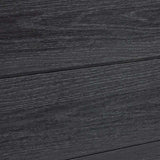 Detailed view of black composite fence boards with fine linear wood-grain texture