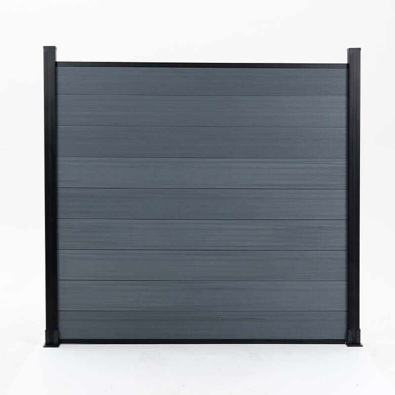 Light gray co-extrusion composite fence panel framed by two black posts