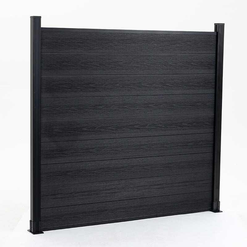 Black composite privacy fence panel with horizontal wood-grain boards and post mounts