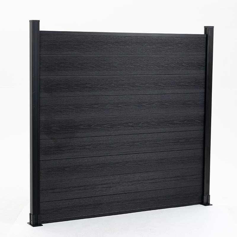 Front angled view of a black co-extrusion composite fence panel with side posts