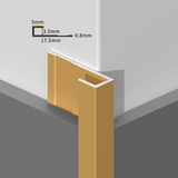 Gold aluminum end cap trim on a white PVC wall panel corner with 5, 3.5, 17.5 and 0.8mm profile dimensions