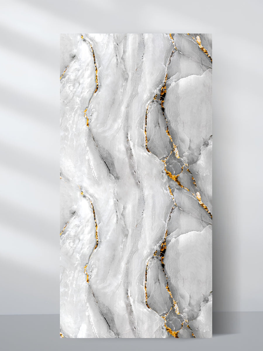 Golden Mirage PVC marble sheet with flowing white and gray veining accented by gold details, shown as a full 4x8 ft panel