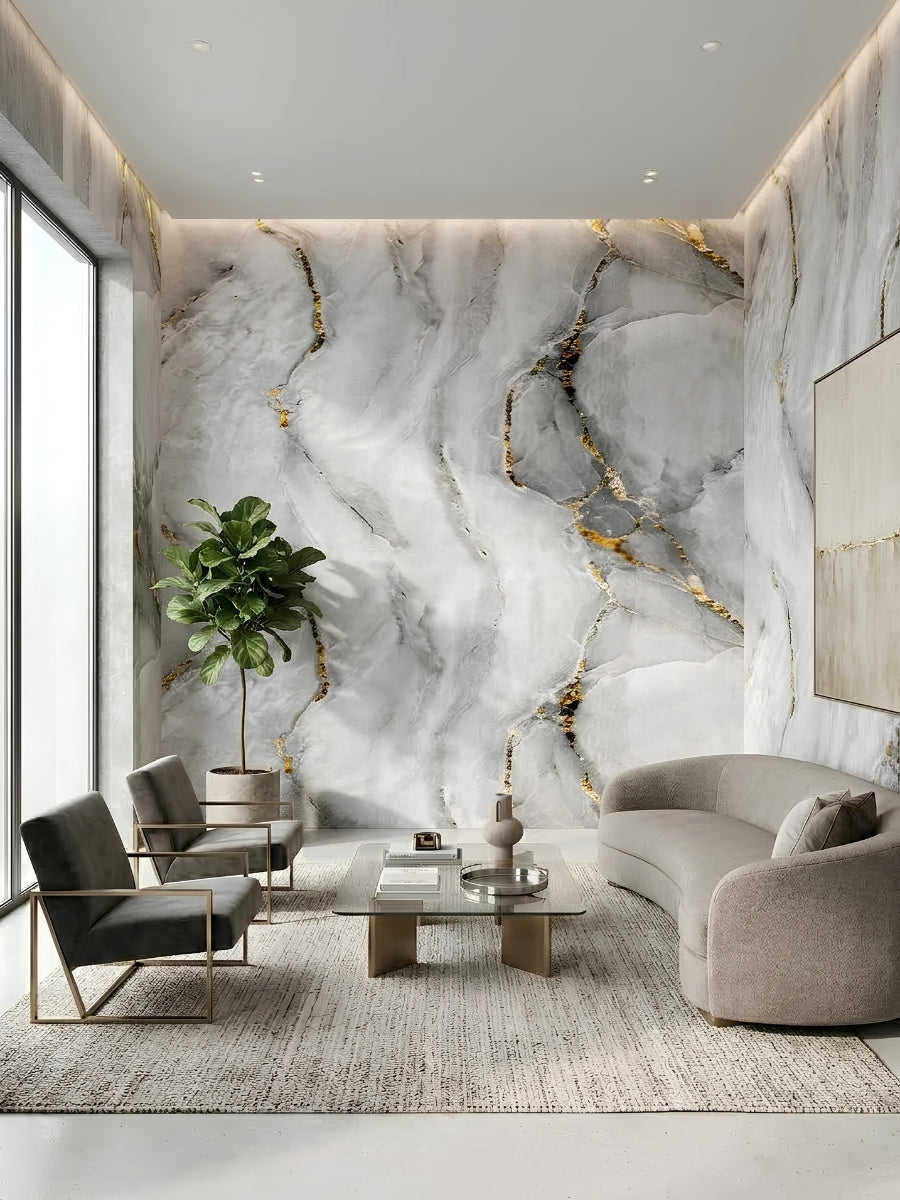 Golden Mirage marble-look PVC sheets installed as a white, gray, and gold accent wall in a modern living room