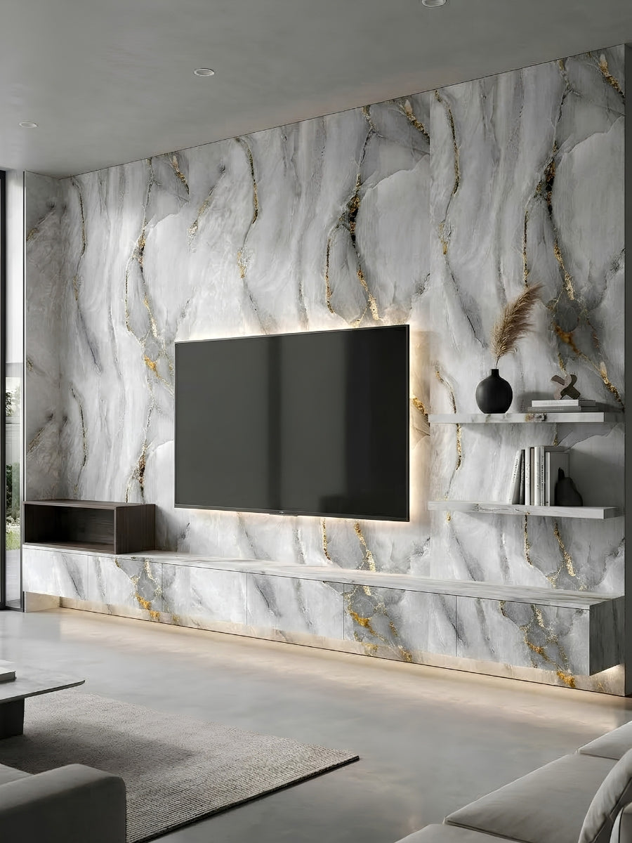 Modern TV wall clad in Golden Mirage PVC marble sheets with sweeping gray veining and gold accents