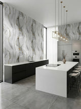 Golden Mirage marble-look PVC wall panels installed in a contemporary white kitchen with island seating