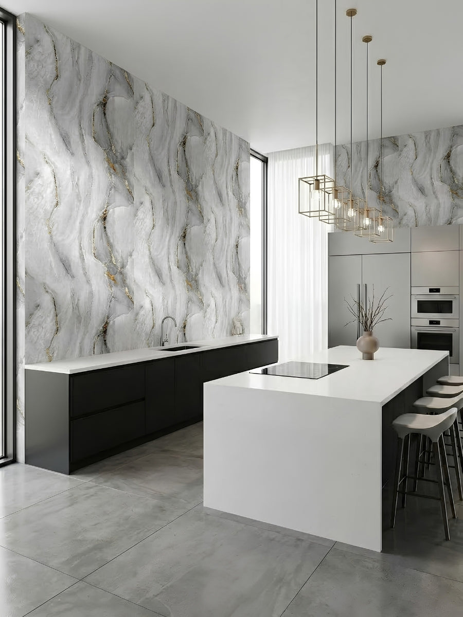 Golden Mirage marble-look PVC wall panels installed in a contemporary white kitchen with island seating