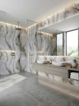 Waterproof Golden Mirage PVC marble sheets covering the walls of a modern bathroom with shower and double vanity