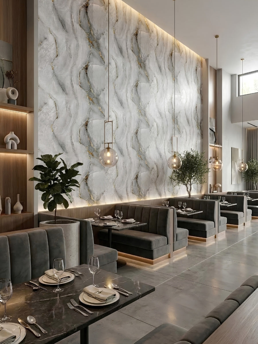 Golden Mirage PVC marble wall panels with white, gray, and gold veining in an elegant restaurant dining area