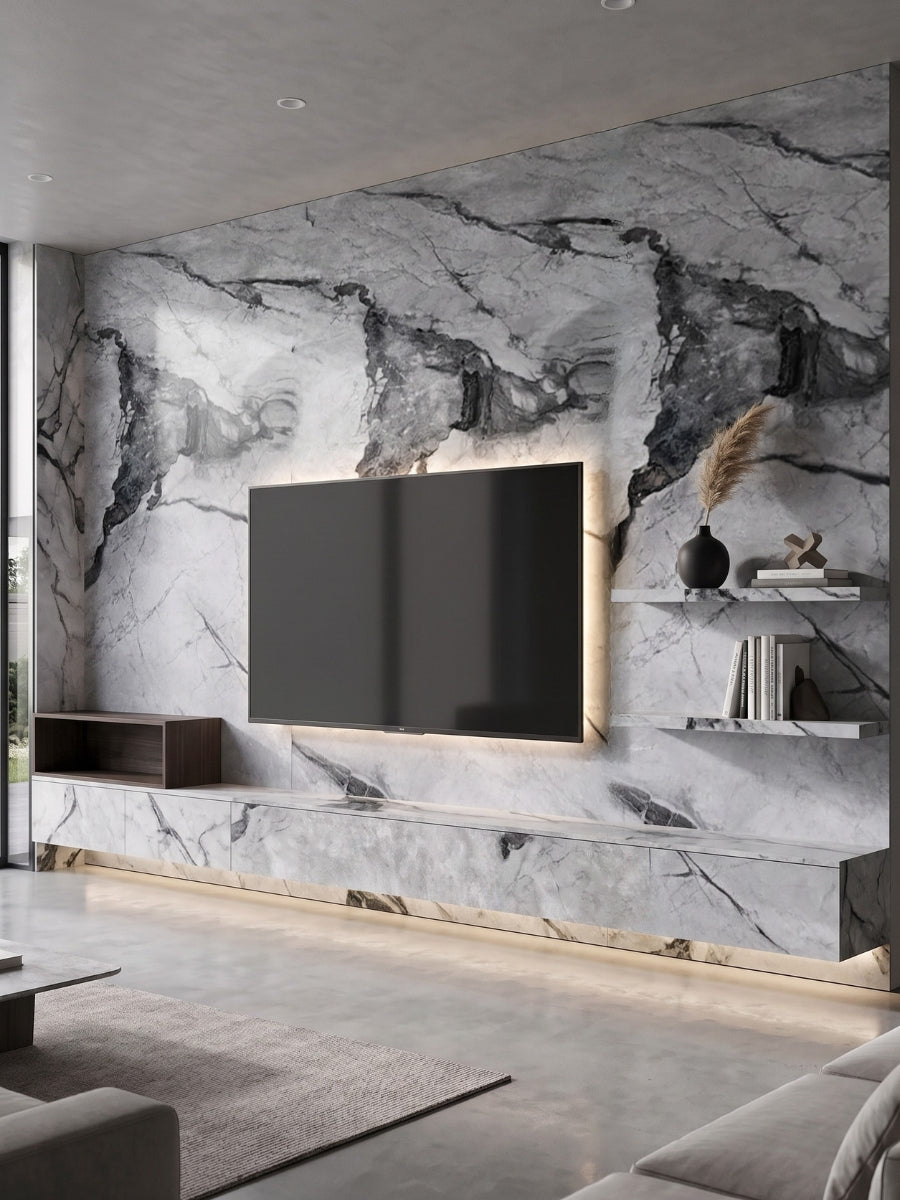 Modern TV wall clad in gray-brown marble-look PVC panels with bold dark veining