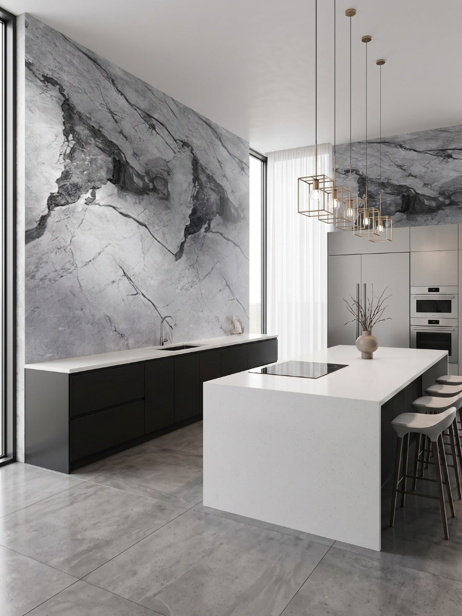 Gray-brown veined marble-look PVC wall panels installed in a modern kitchen