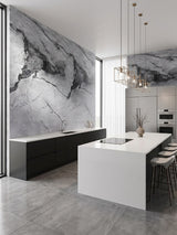 Gray-brown veined marble-look PVC wall panels installed in a modern kitchen