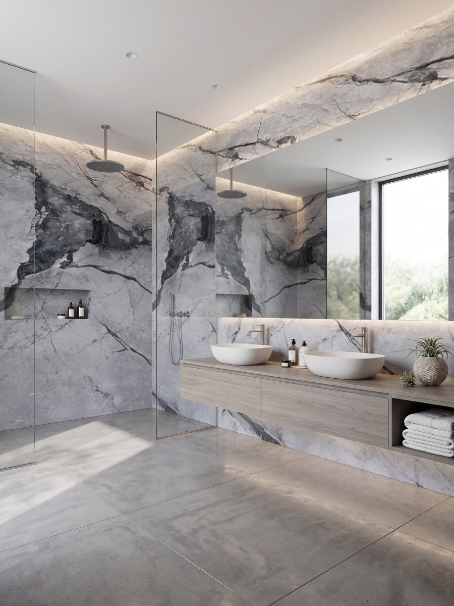 Modern bathroom lined with gray-brown marble-look PVC panels around a glass shower and vanity