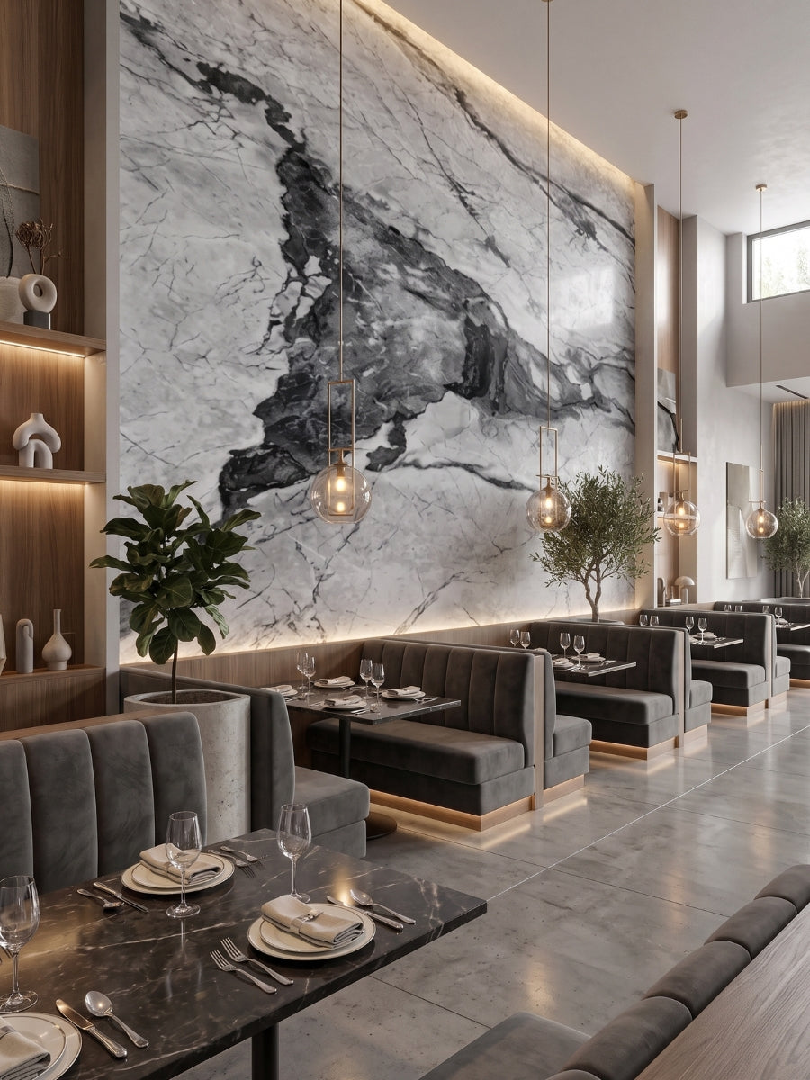 Illuminated restaurant feature wall finished with gray-brown veined marble-look PVC panels