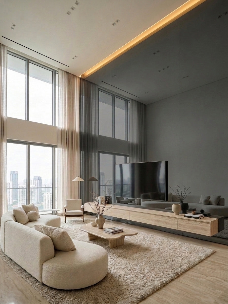 Modern living room with a gray mirror wood veneer panel feature wall behind the TV console