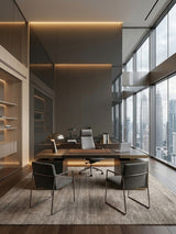 Executive office with a reflective gray mirror wood veneer panel wall behind the desk