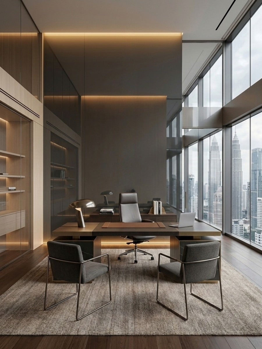 Executive office with a reflective gray mirror wood veneer panel wall behind the desk