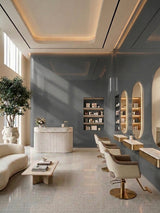 Modern salon with gray mirror wood veneer panel walls, arched mirrors and styling chairs