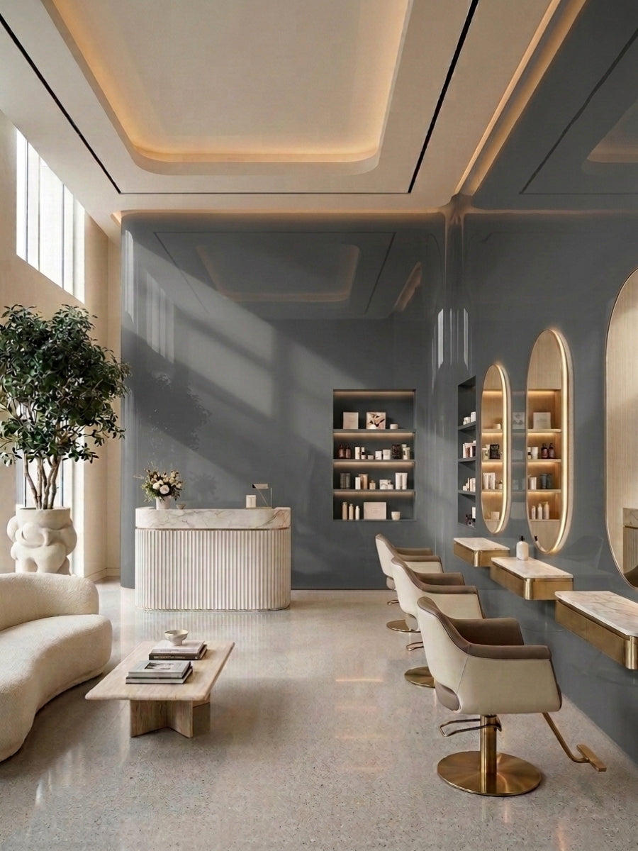 Modern salon with gray mirror wood veneer panel walls, arched mirrors and styling chairs