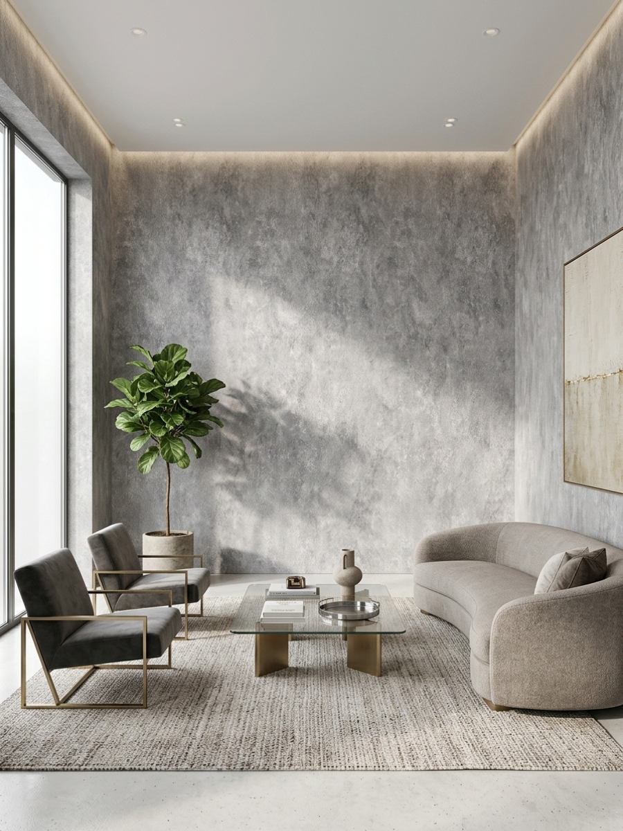 Gray stone-look PVC panels covering the walls of a modern living room