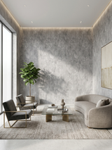 Gray stone-look PVC panels covering the walls of a modern living room