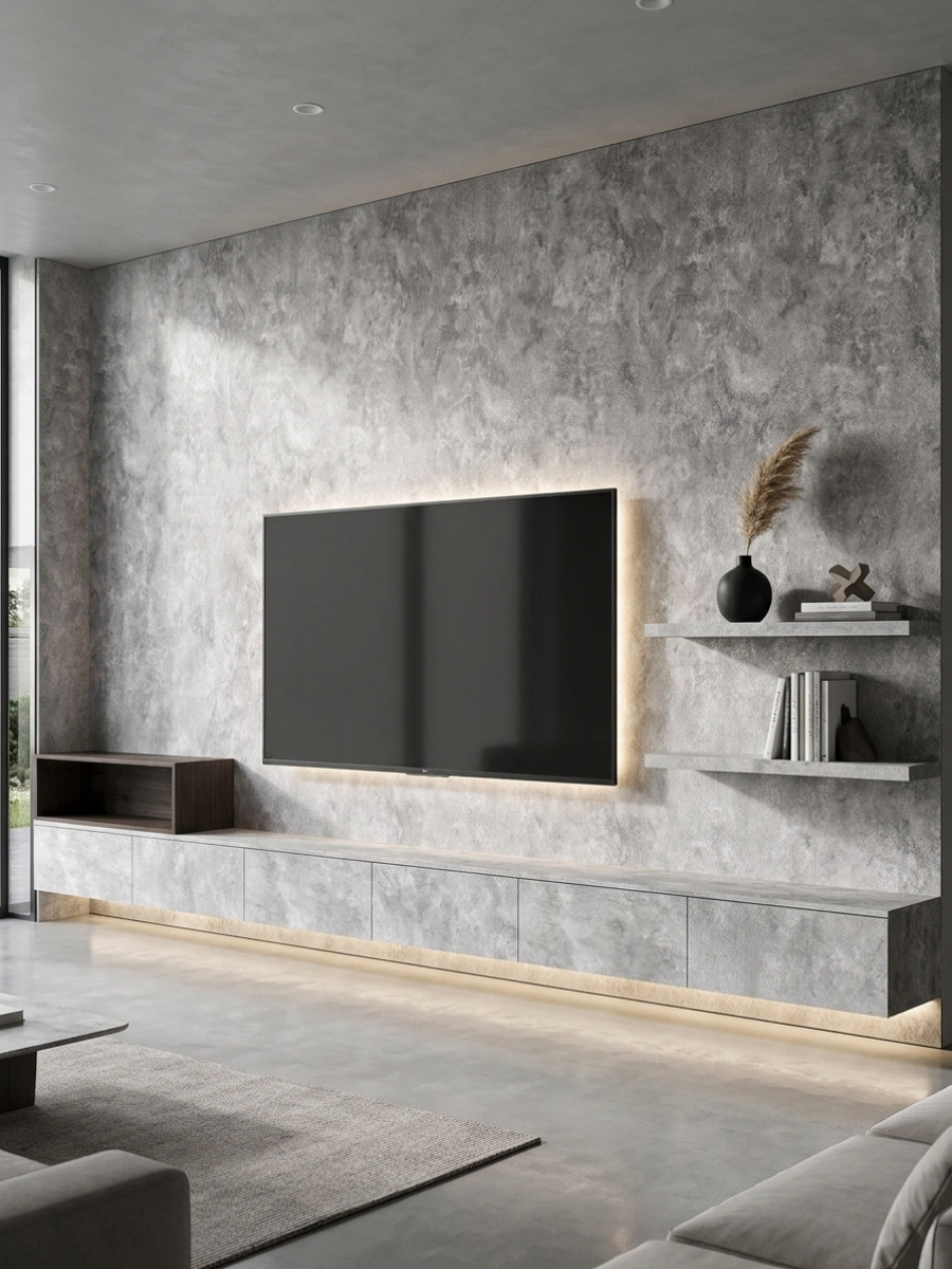 Rough-textured gray stone PVC panels on a media wall with mounted TV