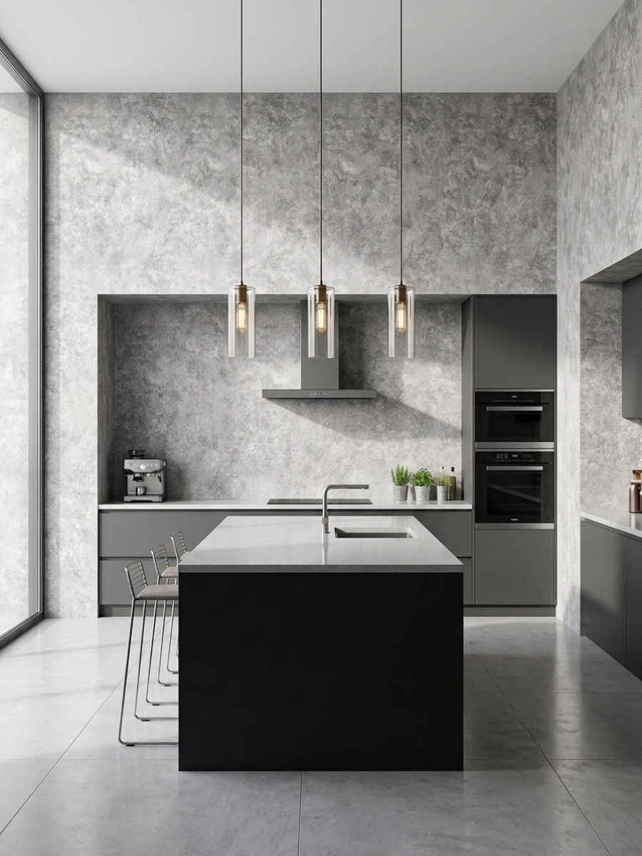 Modern kitchen with gray stone-look PVC wall panels and dark cabinetry