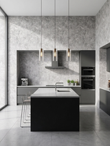 Modern kitchen with gray stone-look PVC wall panels and dark cabinetry