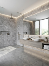 Waterproof gray stone-look PVC panels installed in a modern walk-in shower