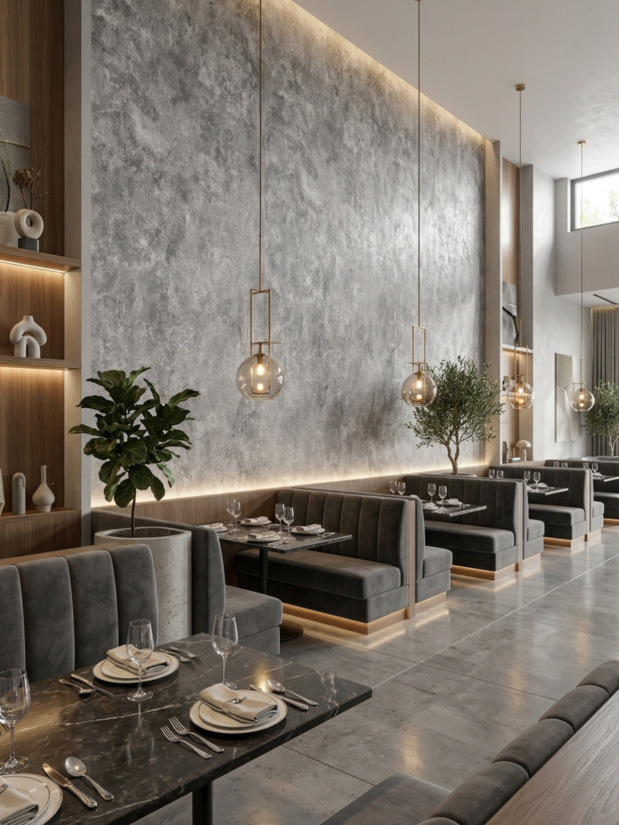 Rough-textured gray stone PVC panels forming an illuminated restaurant feature wall
