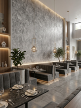 Rough-textured gray stone PVC panels forming an illuminated restaurant feature wall