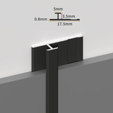 Black aluminum H-joint trim installation diagram showing 17.5mm width, 5mm top and 3.5mm height