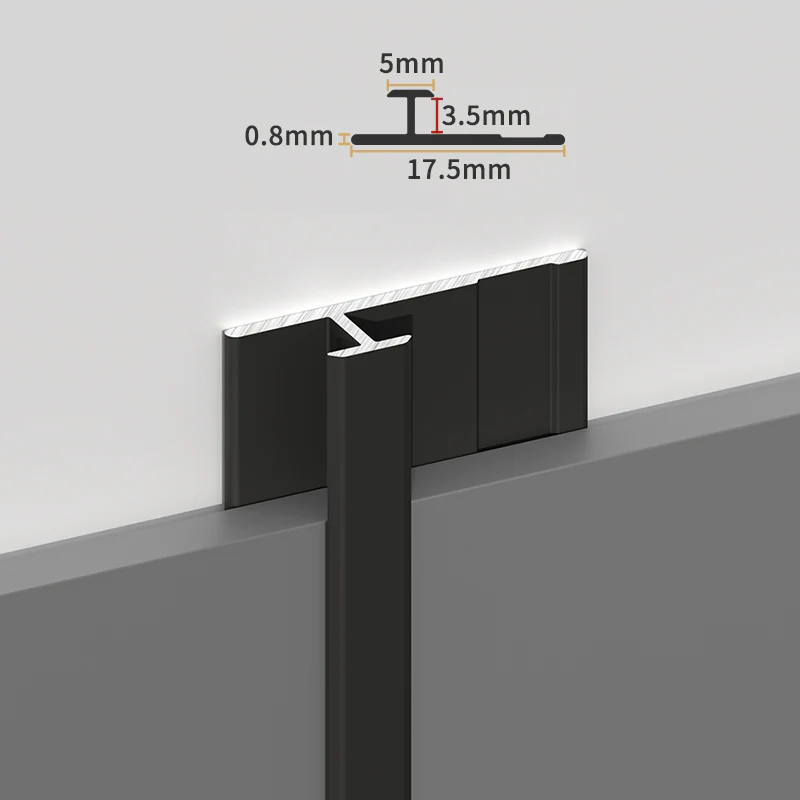 Black aluminum H-joint trim installation diagram showing 17.5mm width, 5mm top and 3.5mm height
