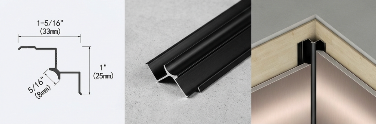 Aluminum alloy inside corner trim showing the 5/16-inch channel profile, black finish, and installed corner application