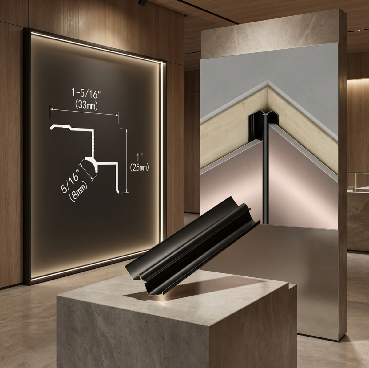 Black aluminum alloy inside corner trim displayed with profile dimensions and an installed wall corner example