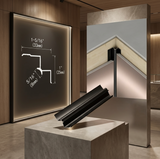 Black aluminum alloy inside corner trim displayed with profile dimensions and an installed wall corner example