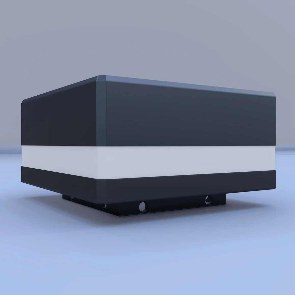Side view of a black LED cap for composite fence post with a white diffuser band and mounting base