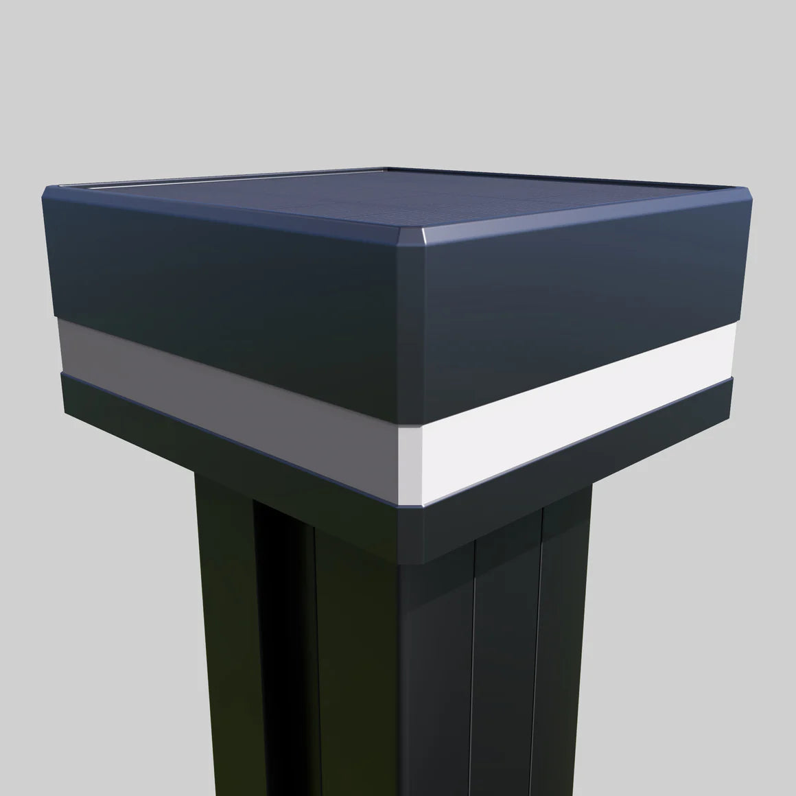 Black LED cap mounted on a composite fence post with a white wraparound light band