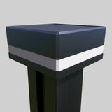 Black LED cap mounted on a composite fence post with a white wraparound light band
