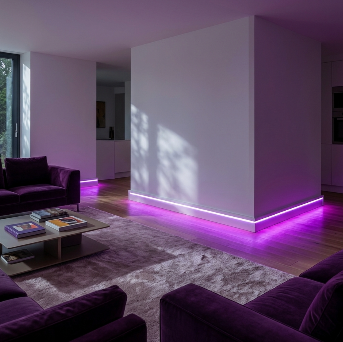 White LED baseboard molding wrapping around a modern living room wall with purple RGB accent lighting