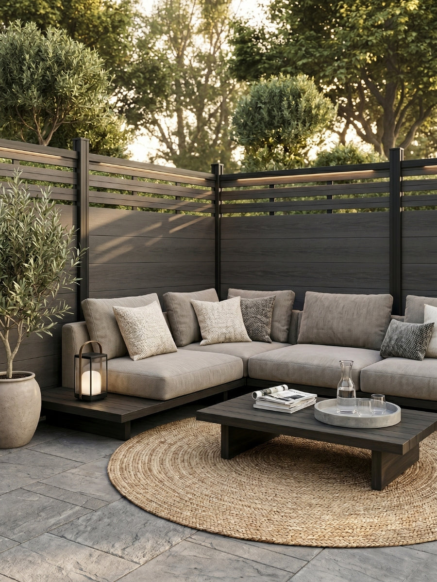 Black composite privacy fence with slatted lattice top surrounding an outdoor sofa area