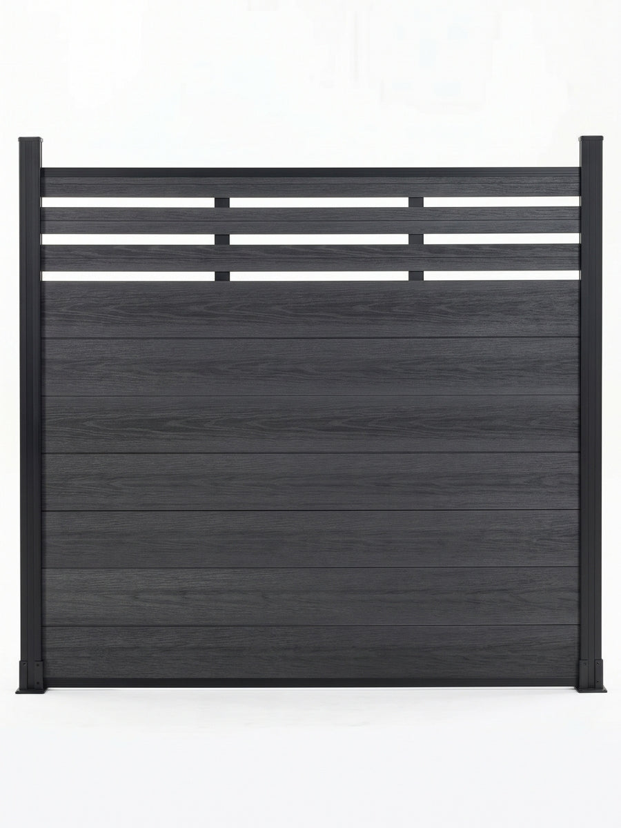 Front view of black composite privacy fence panel with open horizontal lattice top
