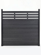 Front view of black composite privacy fence panel with open horizontal lattice top